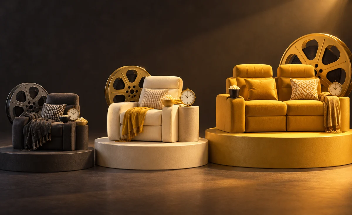 Tres plataformas de cine escultóricas de tamaño creciente, cada una con una bobina de película y un pequeño reloj, sin precios ni etiquetas; carbón, marfil y tres tonos amarillos cálidos.