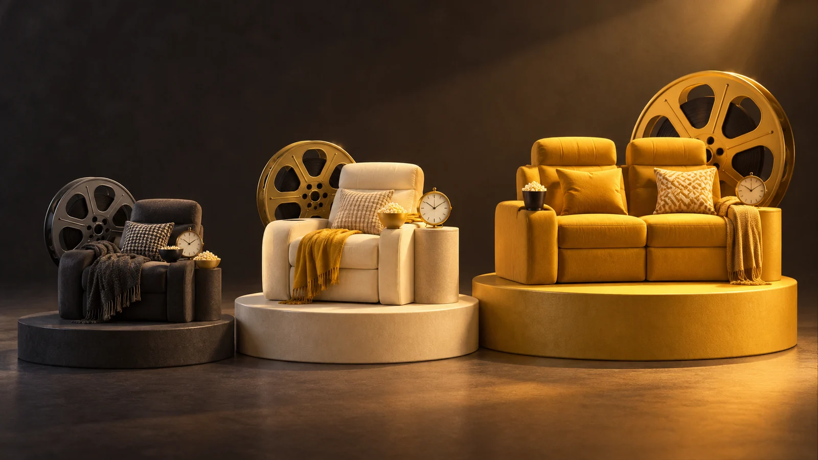 Tres plataformas de cine escultóricas de tamaño creciente, cada una con una bobina de película y un pequeño reloj, sin precios ni etiquetas; carbón, marfil y tres tonos amarillos cálidos.