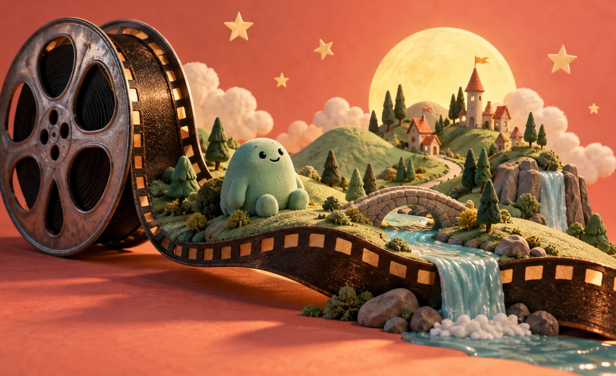 Un paisaje de fantasía en miniatura hecho a mano que emerge de un carrete de película, colinas de arcilla, diminutas estrellas de papel y una criatura juguetona y redondeada sin ningún parecido con la franquicia; coral, menta y amarillo pálido.