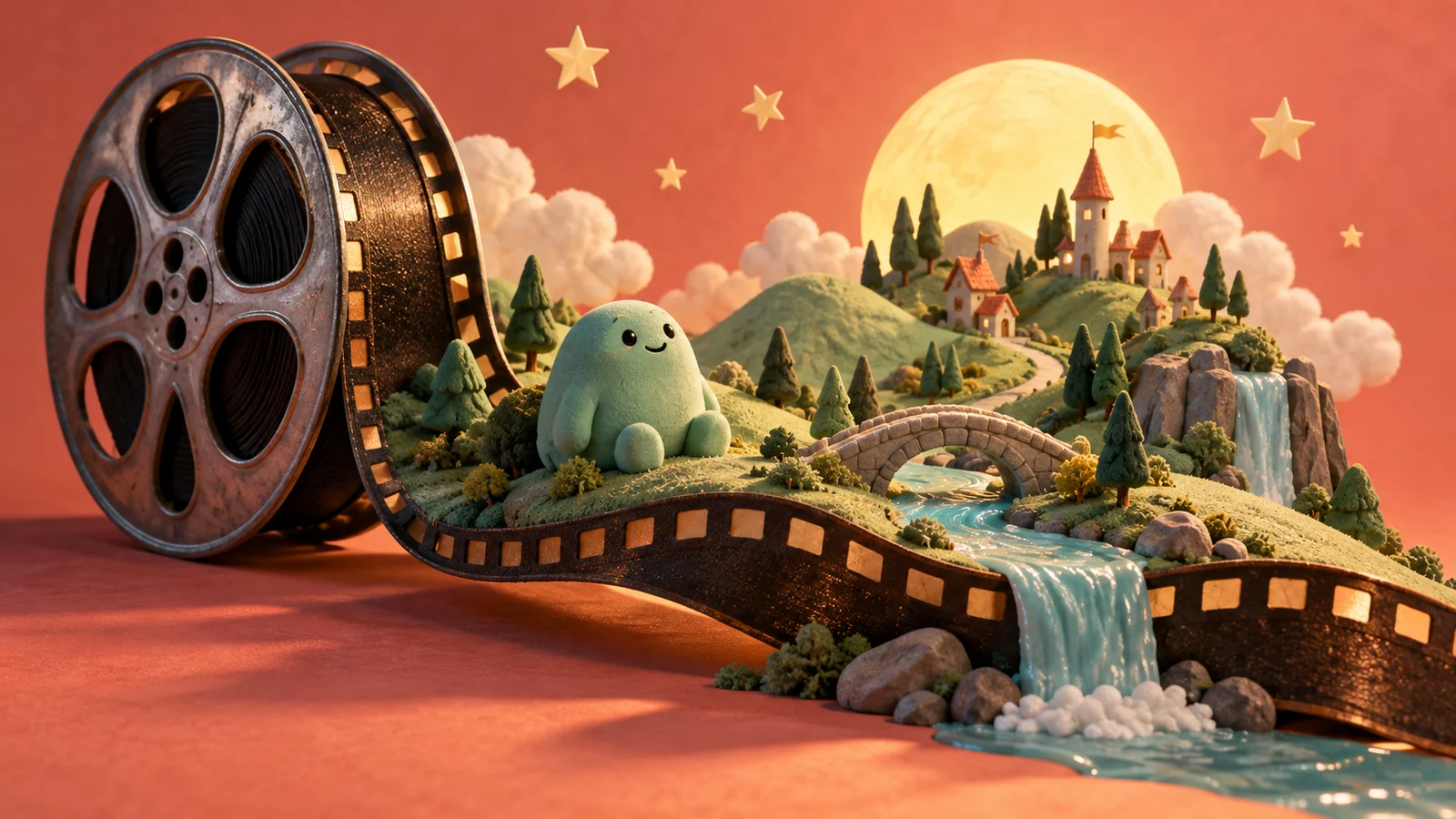 Un paisaje de fantasía en miniatura hecho a mano que emerge de un carrete de película, colinas de arcilla, diminutas estrellas de papel y una criatura juguetona y redondeada sin ningún parecido con la franquicia; coral, menta y amarillo pálido.