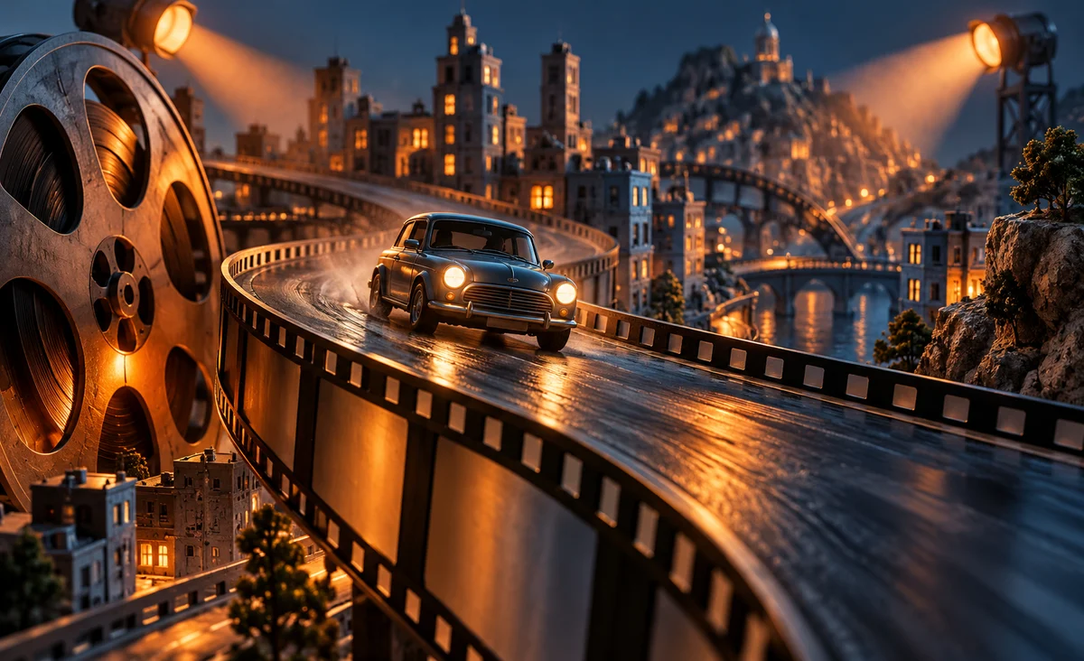 Una dinámica persecución urbana en miniatura ambientada con un pequeño automóvil sin marca en una sinuosa carretera elevada, curvas de carrete de película y focos dramáticos; naranja, azul acero y carbón.
