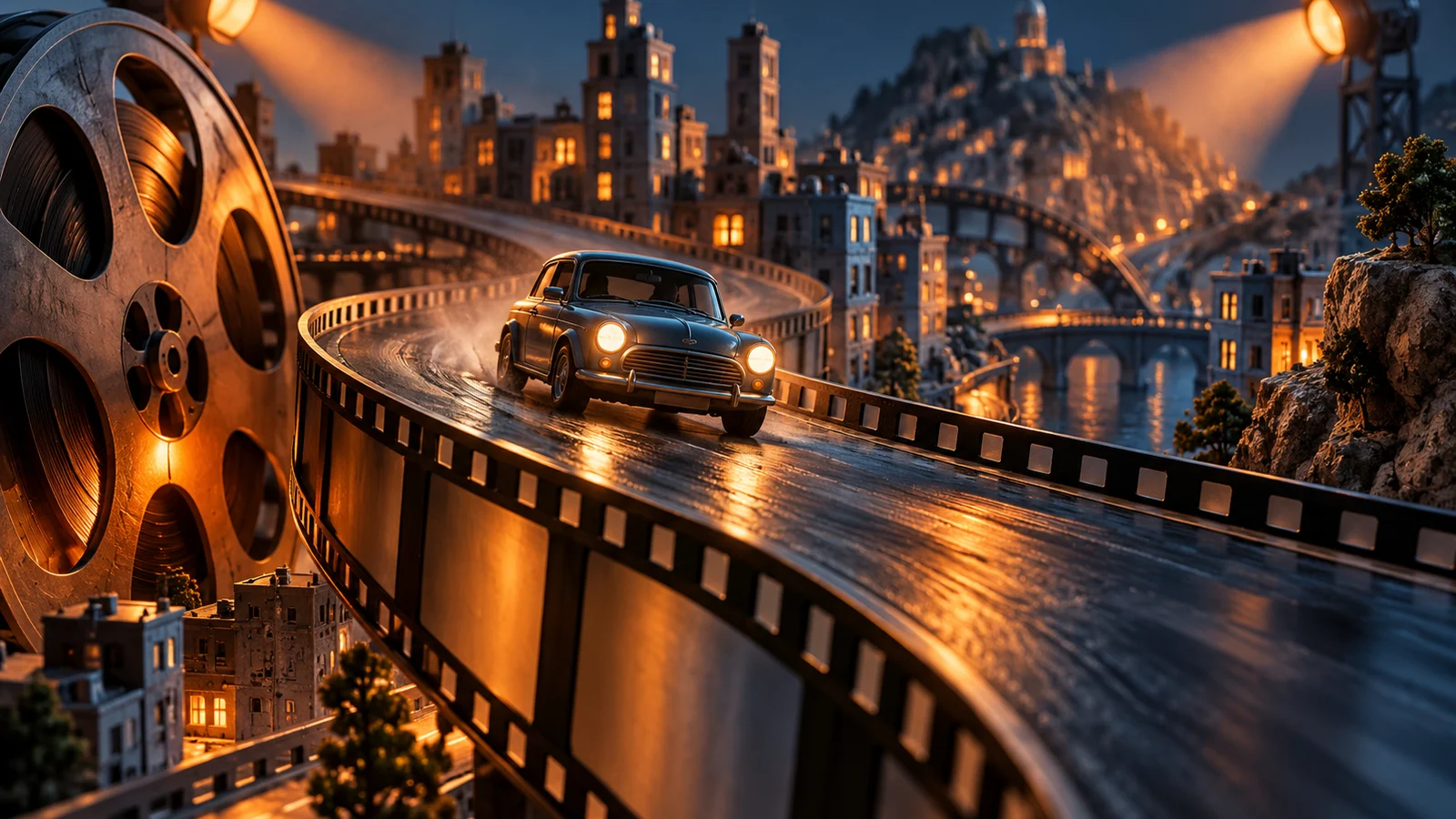 Una dinámica persecución urbana en miniatura ambientada con un pequeño automóvil sin marca en una sinuosa carretera elevada, curvas de carrete de película y focos dramáticos; naranja, azul acero y carbón.