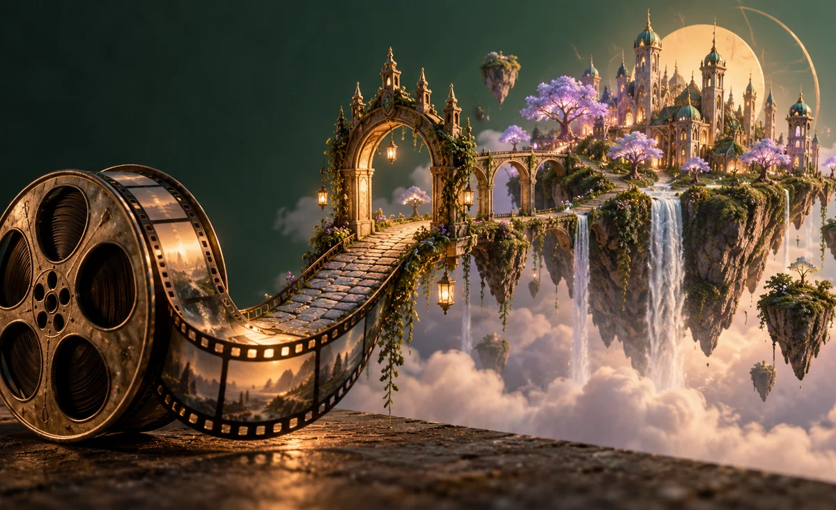 Un arco mágico en miniatura que surge de un carrete de película y se convierte en una isla flotante con pequeñas torres y árboles luminosos, arquitectura de fantasía original; esmeralda, lavanda y oro.