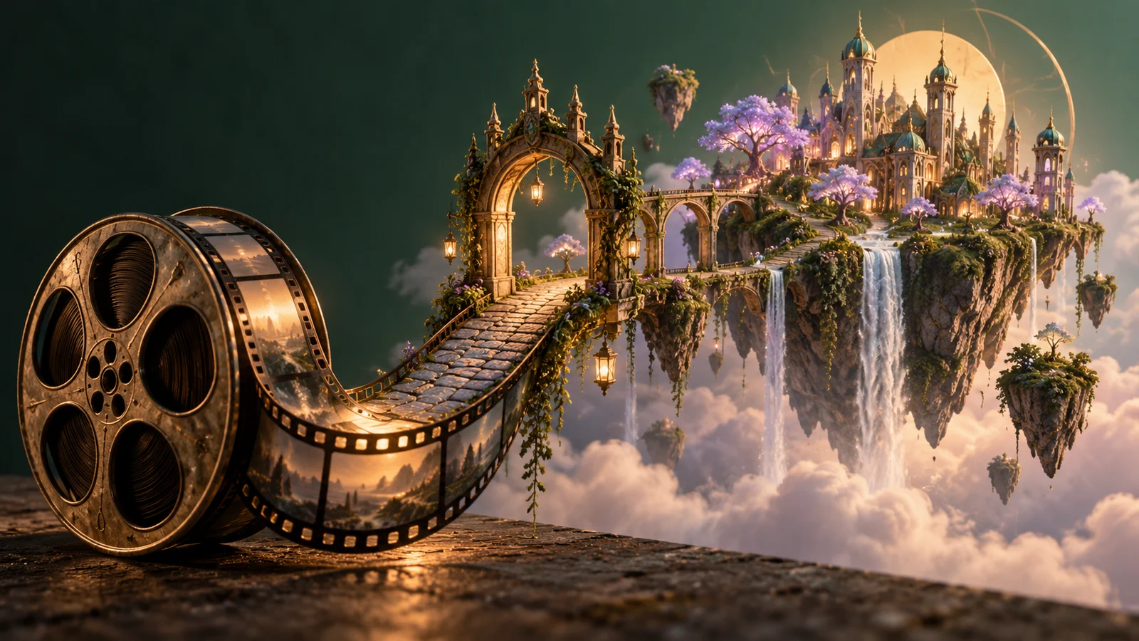 Un arco mágico en miniatura que surge de un carrete de película y se convierte en una isla flotante con pequeñas torres y árboles luminosos, arquitectura de fantasía original; esmeralda, lavanda y oro.