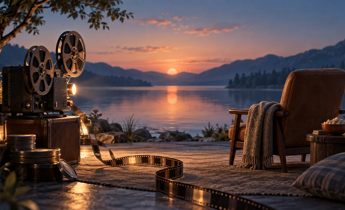 Una escena de cine fija en miniatura frente a un lago tranquilo al atardecer, una bobina de película que se desenrolla lentamente y un sillón vacío, generoso espacio negativo; azul oscuro, melocotón pálido y crema.