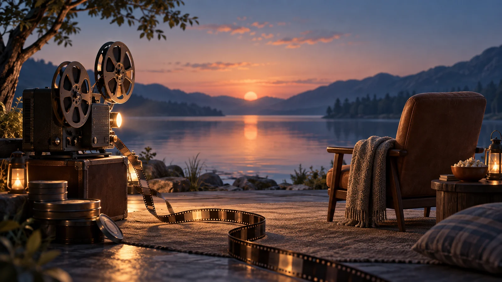 Una escena de cine fija en miniatura frente a un lago tranquilo al atardecer, una bobina de película que se desenrolla lentamente y un sillón vacío, generoso espacio negativo; azul oscuro, melocotón pálido y crema.
