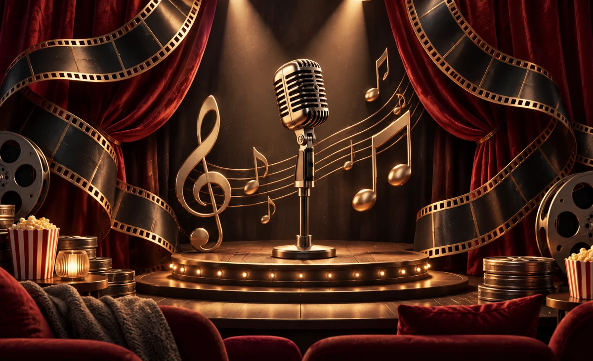 Un escenario de cine en miniatura con un micrófono antiguo, notas musicales esculturales y cortinas ondulantes con tiras de película, cálidos focos teatrales; burdeos, oro y carbón.