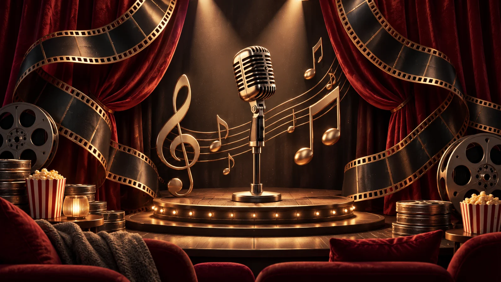 Un escenario de cine en miniatura con un micrófono antiguo, notas musicales esculturales y cortinas ondulantes con tiras de película, cálidos focos teatrales; burdeos, oro y carbón.