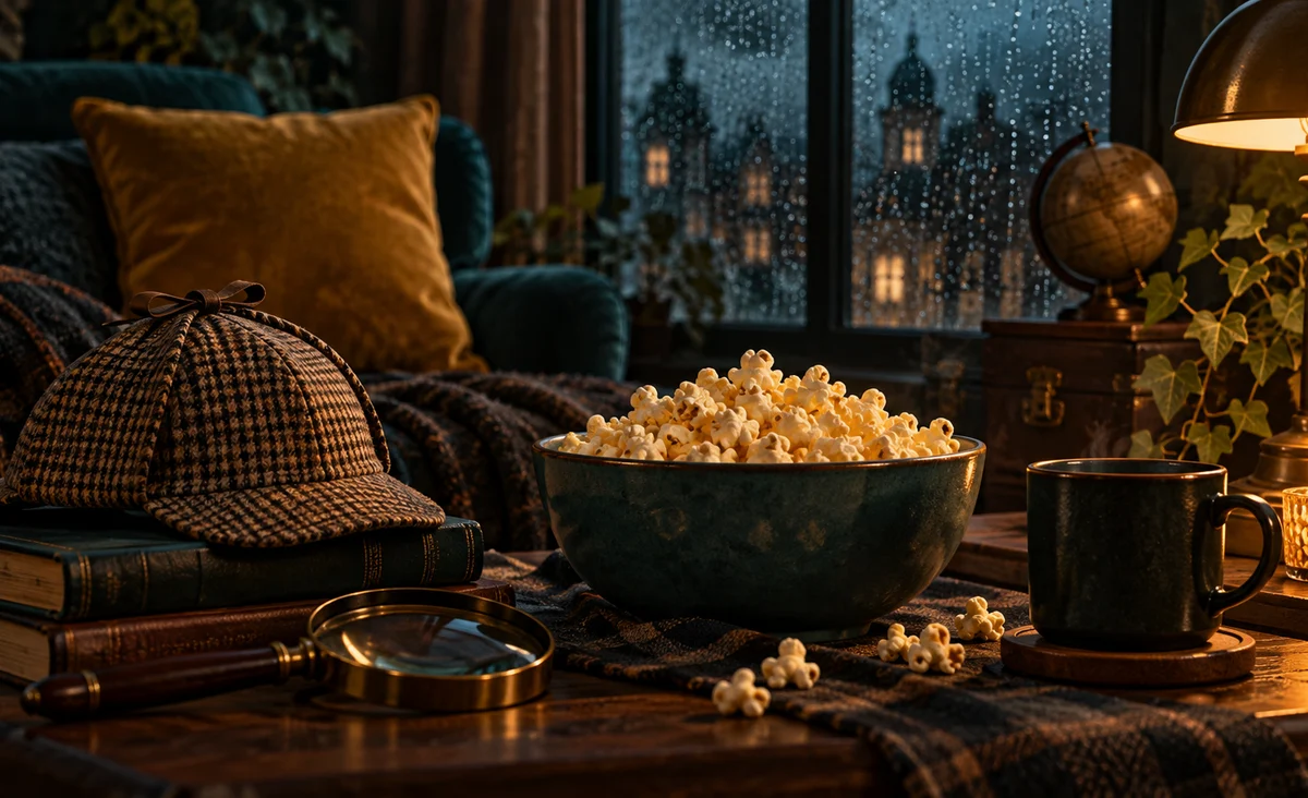 Un bodegón temático de cine con una ventana salpicada de lluvia, un pequeño sombrero de detective, palomitas de maíz y una lámpara caliente, sin personajes; verde azulado intenso, mostaza y carbón.