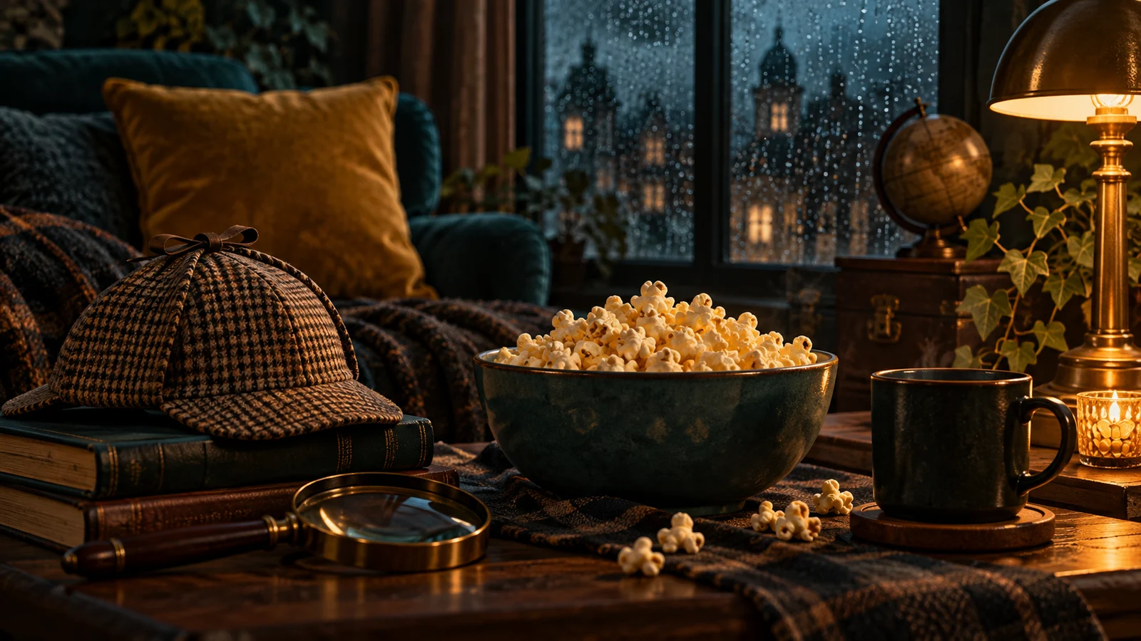 Un bodegón temático de cine con una ventana salpicada de lluvia, un pequeño sombrero de detective, palomitas de maíz y una lámpara caliente, sin personajes; verde azulado intenso, mostaza y carbón.
