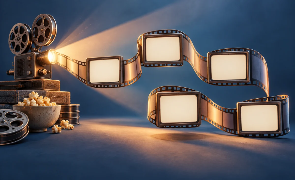 Una elegante cinta de película enrollada que conecta cinco pequeños fotogramas de vídeo en blanco dispuestos en una trayectoria deliberada, un proyector al principio; azul, albaricoque y marfil.