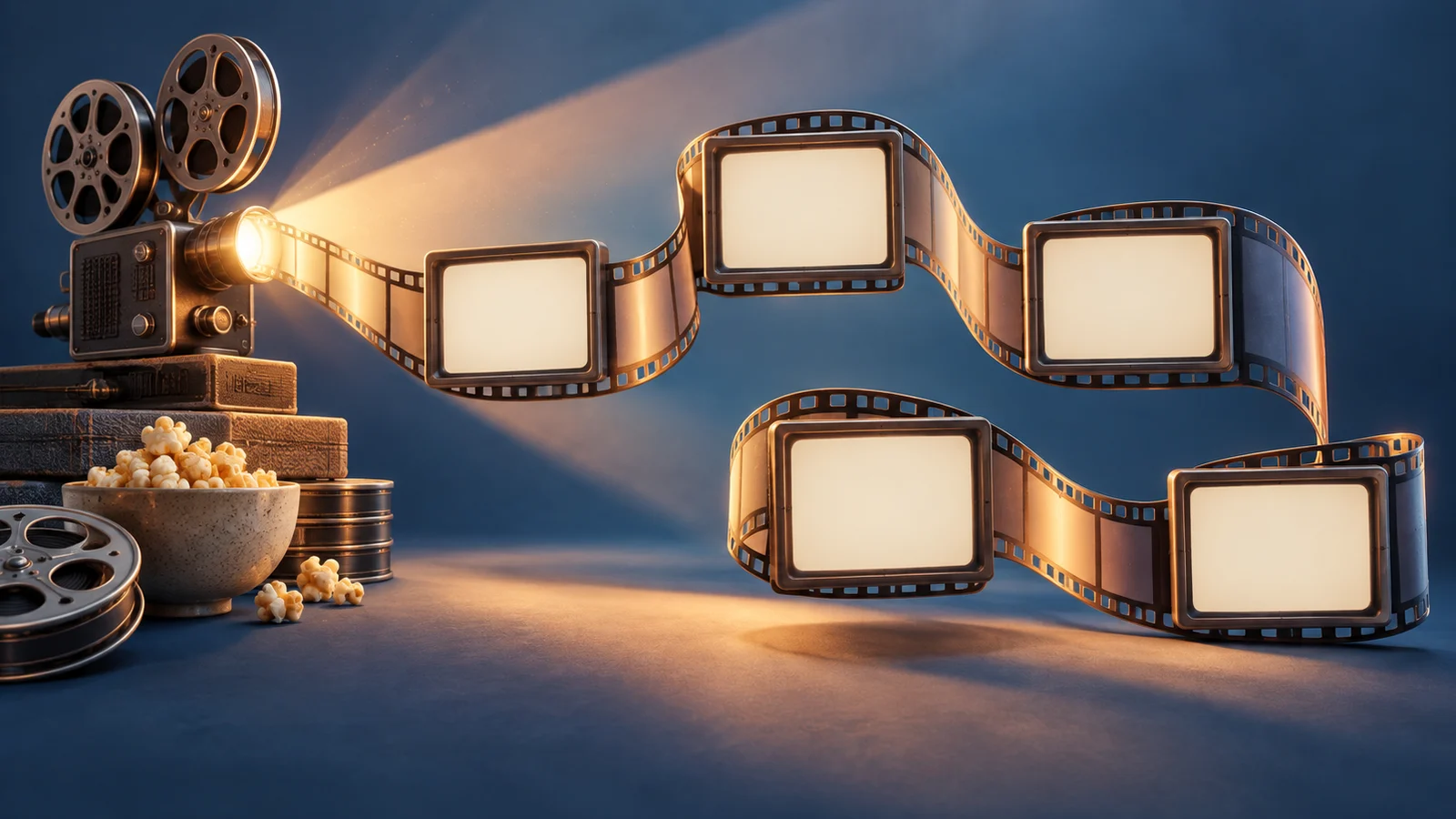 Una elegante cinta de película enrollada que conecta cinco pequeños fotogramas de vídeo en blanco dispuestos en una trayectoria deliberada, un proyector al principio; azul, albaricoque y marfil.