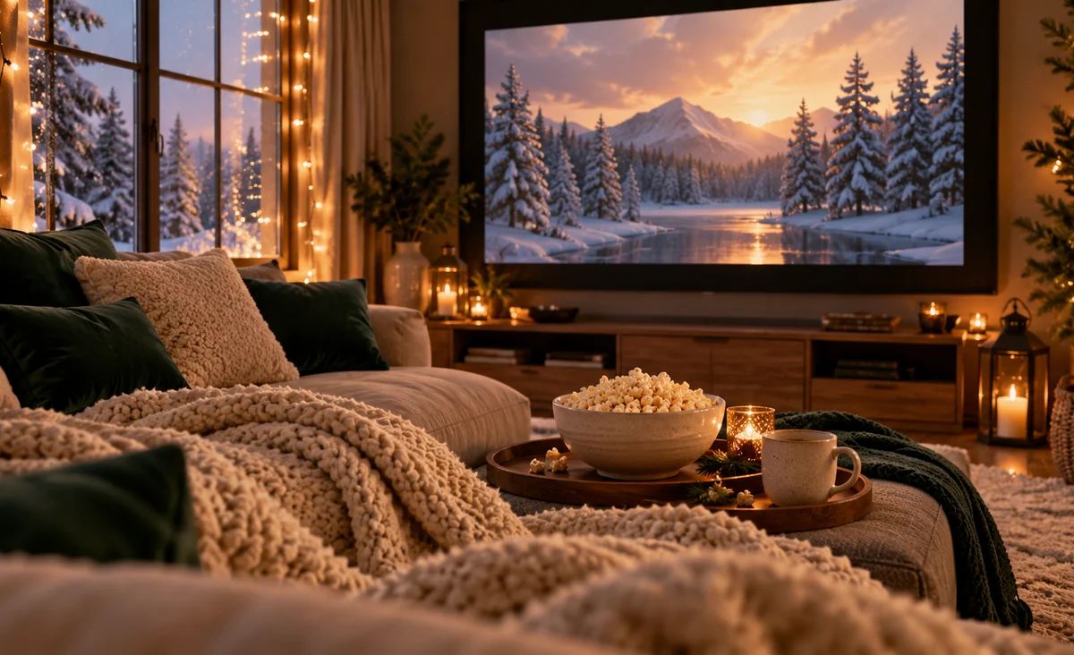 Un acogedor cine en casa con una manta suave, una ventana invernal, delicadas y cálidas luces de cadena y un cuenco de palomitas de maíz, sin símbolos festivos que requieran una tradición específica; crema, pino y oro.