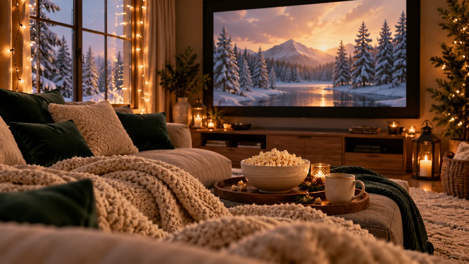 Un acogedor cine en casa con una manta suave, una ventana invernal, delicadas y cálidas luces de cadena y un cuenco de palomitas de maíz, sin símbolos festivos que requieran una tradición específica; crema, pino y oro.
