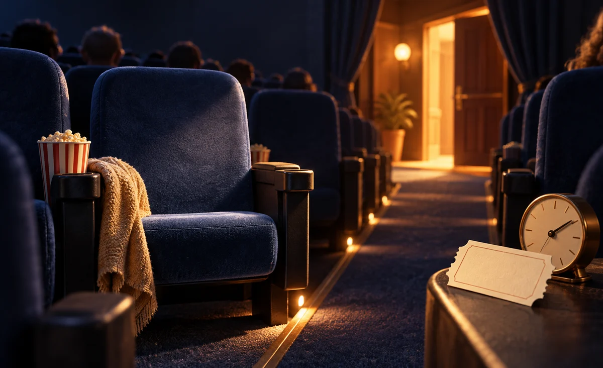 Un pasillo de cine suavemente iluminado con un asiento abierto y una cálida puerta al fondo, un pequeño reloj al lado de un boleto en blanco; azul oscuro, ámbar y crema.