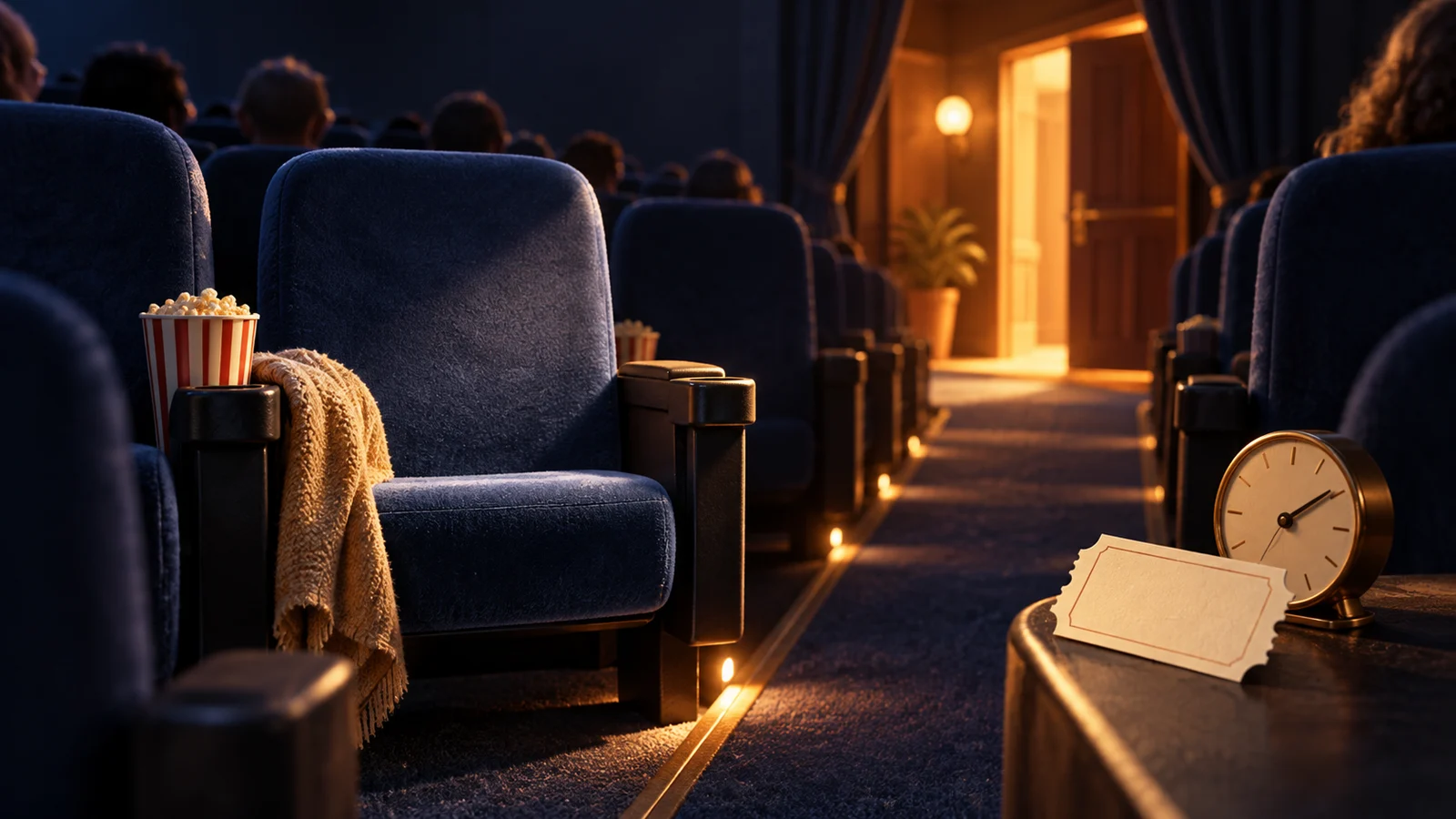 Un pasillo de cine suavemente iluminado con un asiento abierto y una cálida puerta al fondo, un pequeño reloj al lado de un boleto en blanco; azul oscuro, ámbar y crema.