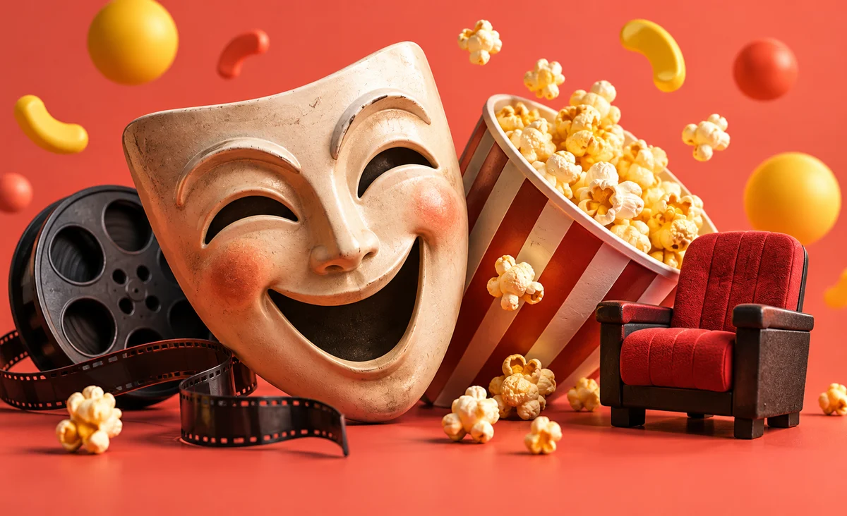 Una máscara de comedia escultórica y juguetona junto a un cuenco de palomitas de maíz inclinado y una pequeña silla de cine, formas de confeti redondeadas flotantes sin texto; coral brillante, amarillo y carbón.