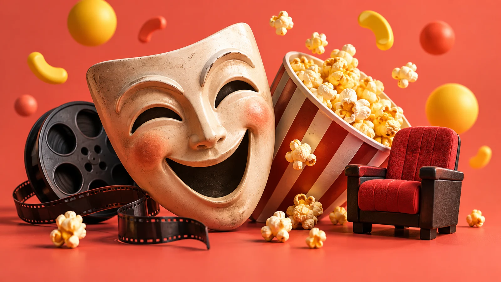 Una máscara de comedia escultórica y juguetona junto a un cuenco de palomitas de maíz inclinado y una pequeña silla de cine, formas de confeti redondeadas flotantes sin texto; coral brillante, amarillo y carbón.