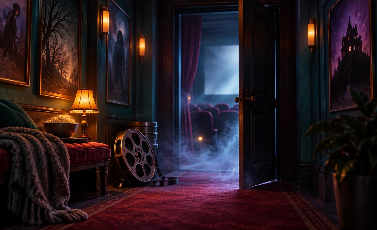 Un espeluznante pasillo de cine en miniatura con una puerta entreabierta, niebla, un carrete de película solitario y una pequeña lámpara cálida y tranquilizadora, atmosférico sin sangre; verde azulado medianoche, violeta y ámbar.