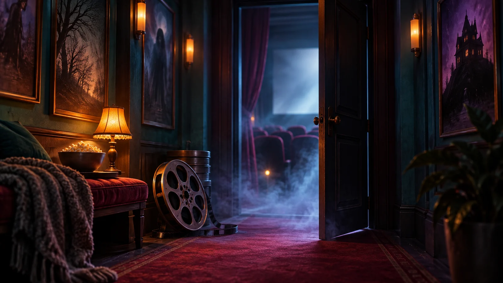 Un espeluznante pasillo de cine en miniatura con una puerta entreabierta, niebla, un carrete de película solitario y una pequeña lámpara cálida y tranquilizadora, atmosférico sin sangre; verde azulado medianoche, violeta y ámbar.