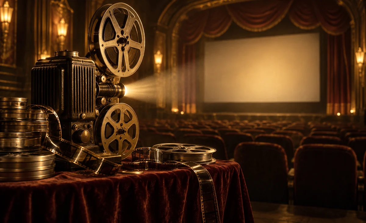 Un proyector de cine escultural de época y carretes de película plateados sobre una mesa de terciopelo, una luz cálida iluminando un teatro vacío; sepia, negro y oro apagado.