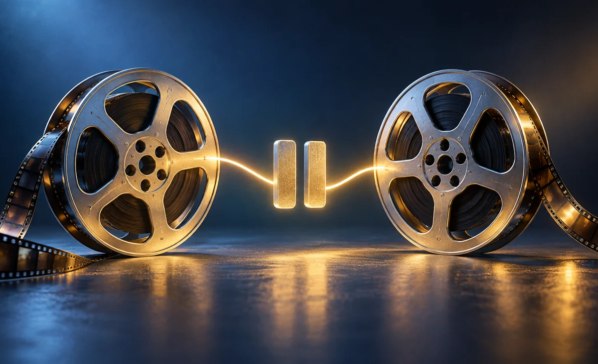 Dos bobinas de película esculturales alineadas por una suave línea luminosa de conexión, entre ellas un pequeño símbolo de pausa; Azul frío, plateado y amarillo dorado.