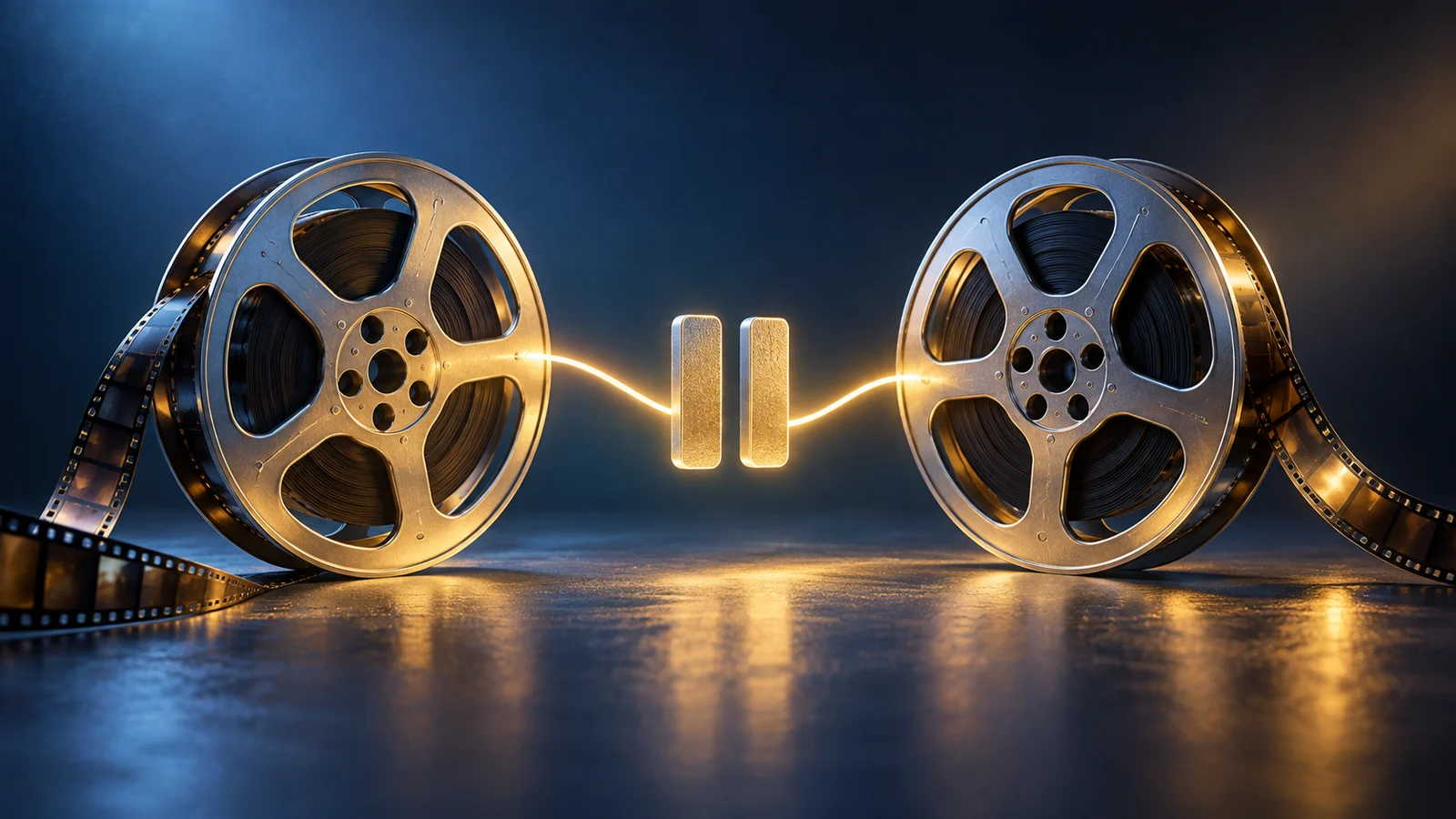 Dos bobinas de película esculturales alineadas por una suave línea luminosa de conexión, entre ellas un pequeño símbolo de pausa; Azul frío, plateado y amarillo dorado.