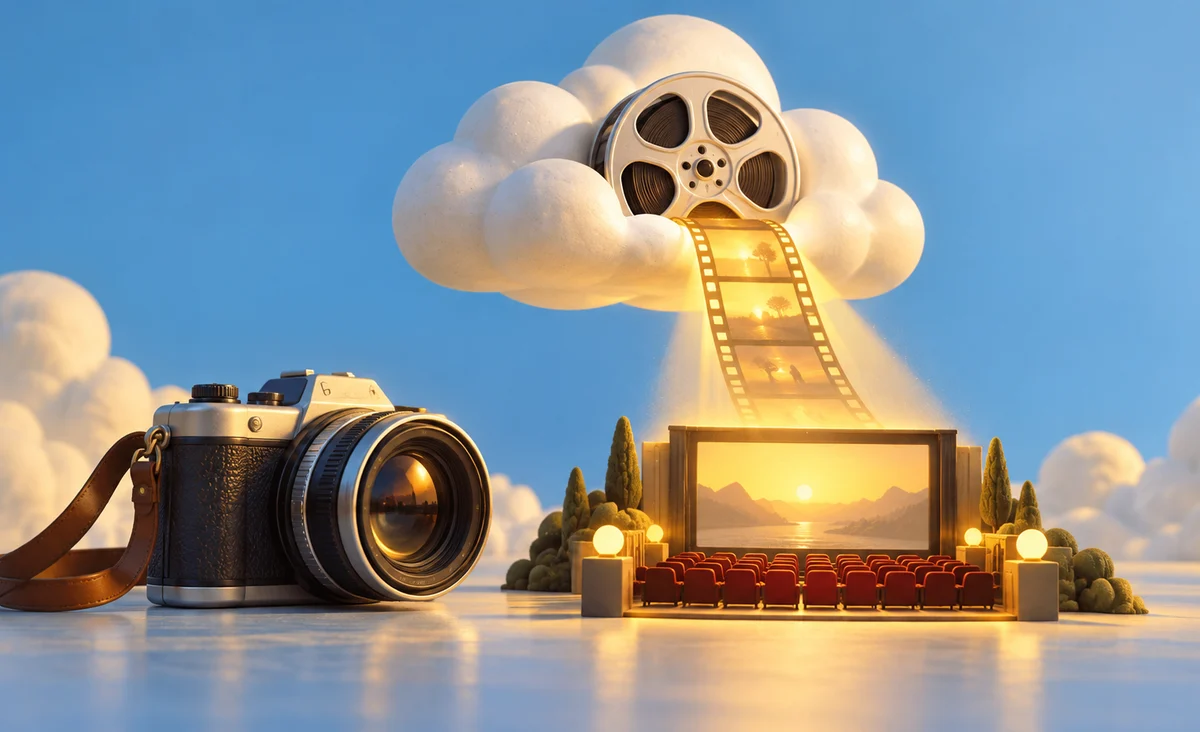 Una cámara personal junto a una nube escultórica que sostiene un carrete de película, un haz cálido que desciende hacia una pantalla de cine en miniatura, sin interfaz; azul cielo, crema y amarillo.