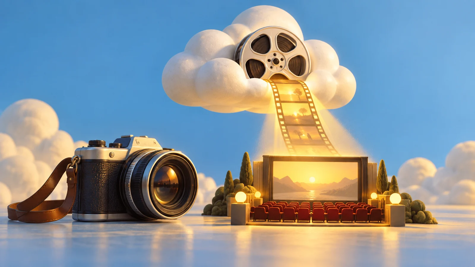 Una cámara personal junto a una nube escultórica que sostiene un carrete de película, un haz cálido que desciende hacia una pantalla de cine en miniatura, sin interfaz; azul cielo, crema y amarillo.