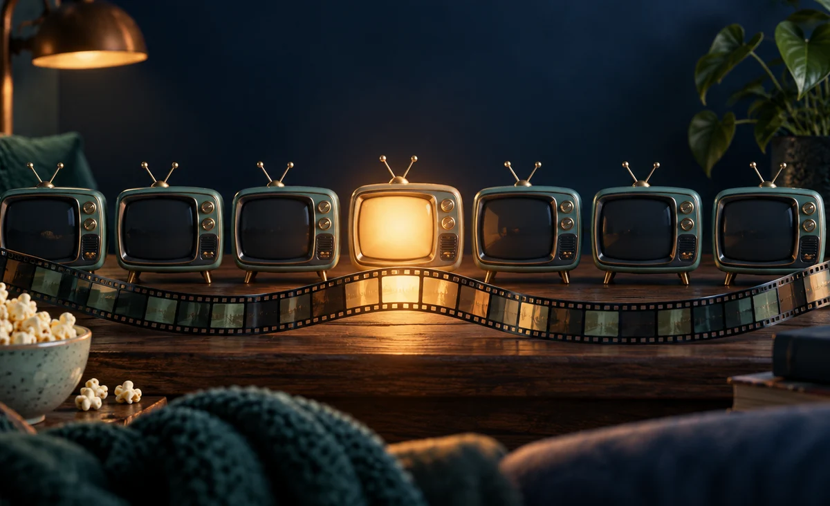Una suave fila de siete formas de televisión en miniatura con una pantalla cálidamente iluminada y una cinta de película que marca el progreso, sin números; azul marino, menta y ámbar.