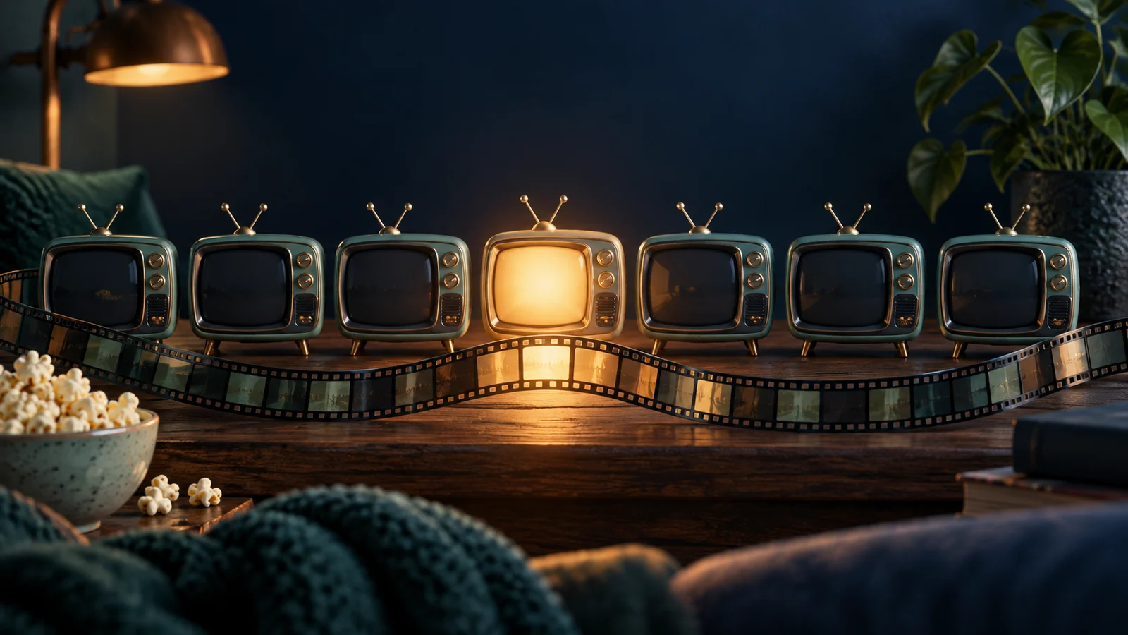 Una suave fila de siete formas de televisión en miniatura con una pantalla cálidamente iluminada y una cinta de película que marca el progreso, sin números; azul marino, menta y ámbar.