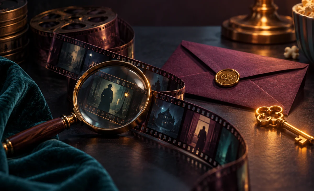 Una lupa en miniatura sobre una tira de película rizada, un sobre sin abrir y una llave brillante sobre una mesa de cine oscura; ciruela, verde azulado y latón cálido.