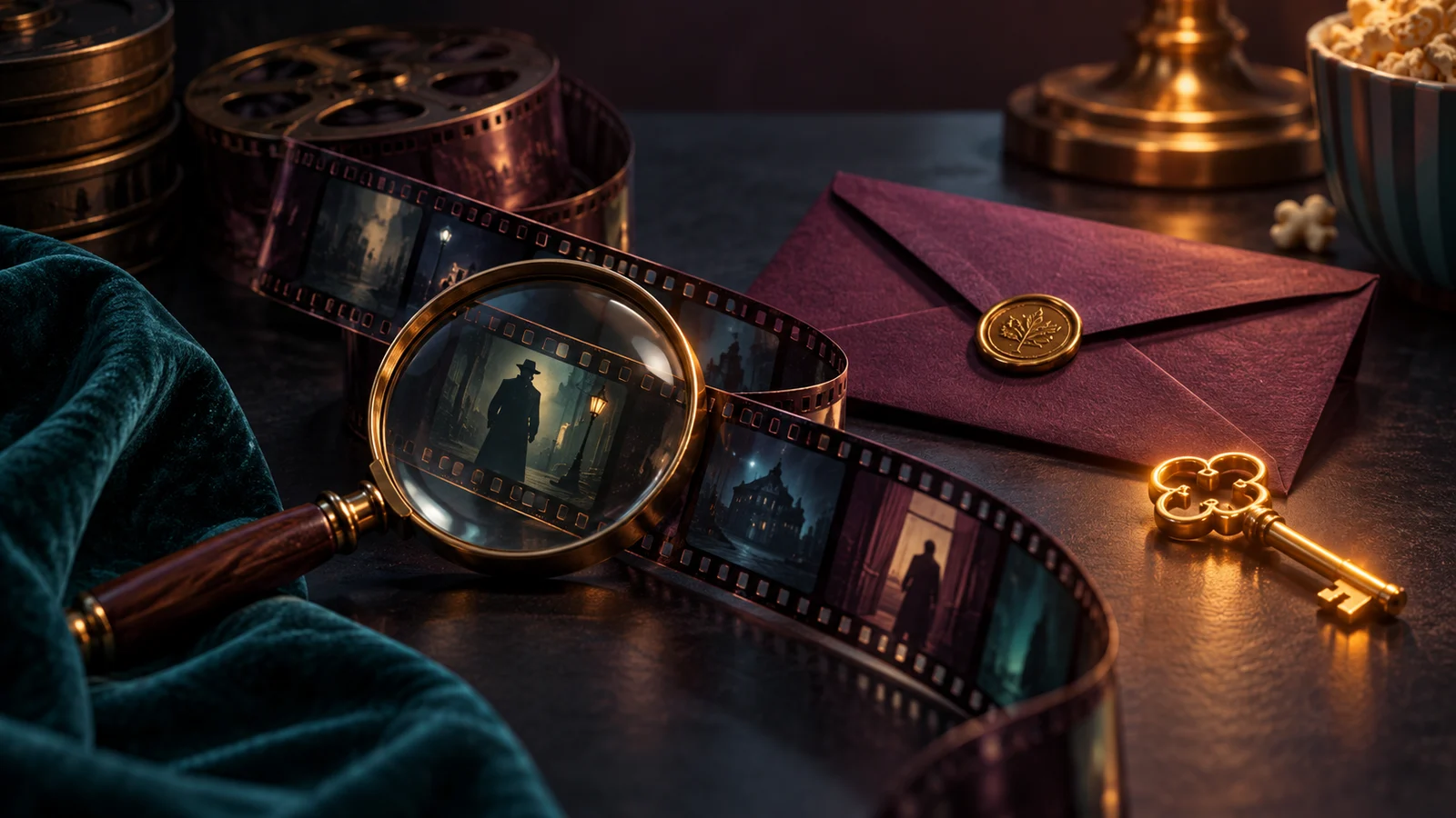 Una lupa en miniatura sobre una tira de película rizada, un sobre sin abrir y una llave brillante sobre una mesa de cine oscura; ciruela, verde azulado y latón cálido.