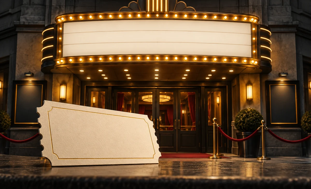 Una marquesina de cine en blanco con un marco cálido e iluminado sobre la entrada de un pequeño teatro, una elegante entrada en blanco en primer plano; carbón, marfil y amarillo.