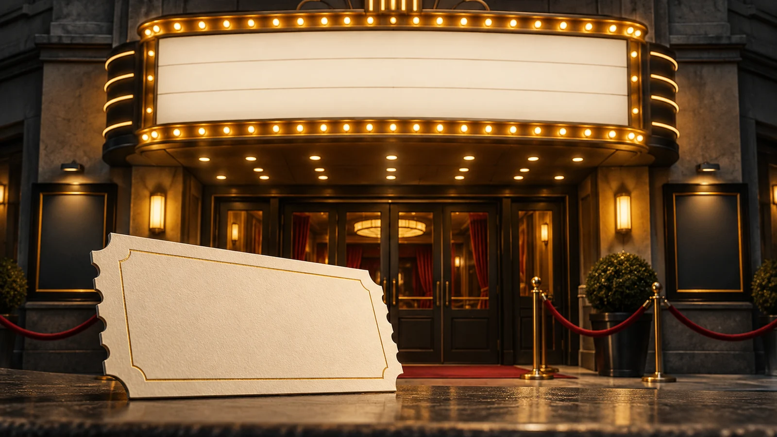 Una marquesina de cine en blanco con un marco cálido e iluminado sobre la entrada de un pequeño teatro, una elegante entrada en blanco en primer plano; carbón, marfil y amarillo.