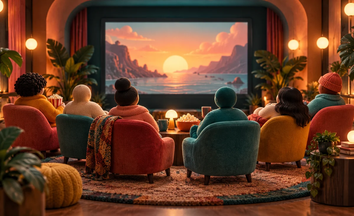 Un semicírculo de sillas de cine en miniatura con diversas esculturas de figuras abstractas y suaves alrededor de una pantalla brillante, una atmósfera cálida y acogedora en el vestíbulo; coral, verde azulado y amarillo.