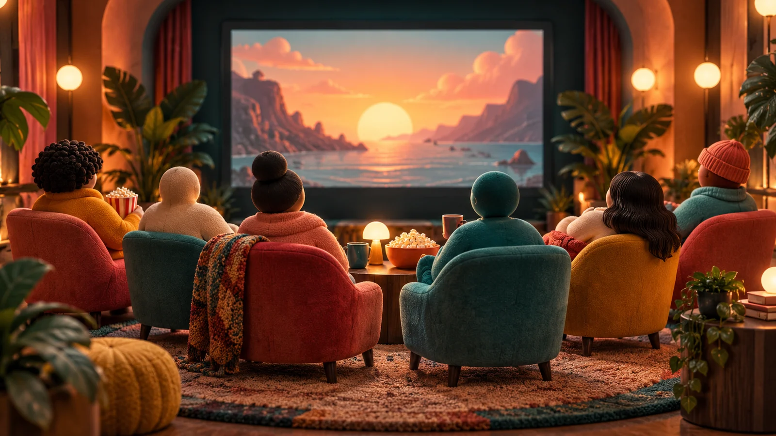 Un semicírculo de sillas de cine en miniatura con diversas esculturas de figuras abstractas y suaves alrededor de una pantalla brillante, una atmósfera cálida y acogedora en el vestíbulo; coral, verde azulado y amarillo.