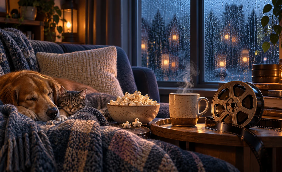 Un acogedor rincón de cine junto a una ventana cubierta por la lluvia, una taza caliente, una manta y un carrete de película que refleja la luz azul de las gotas de lluvia; azul pizarra, ámbar y avena.