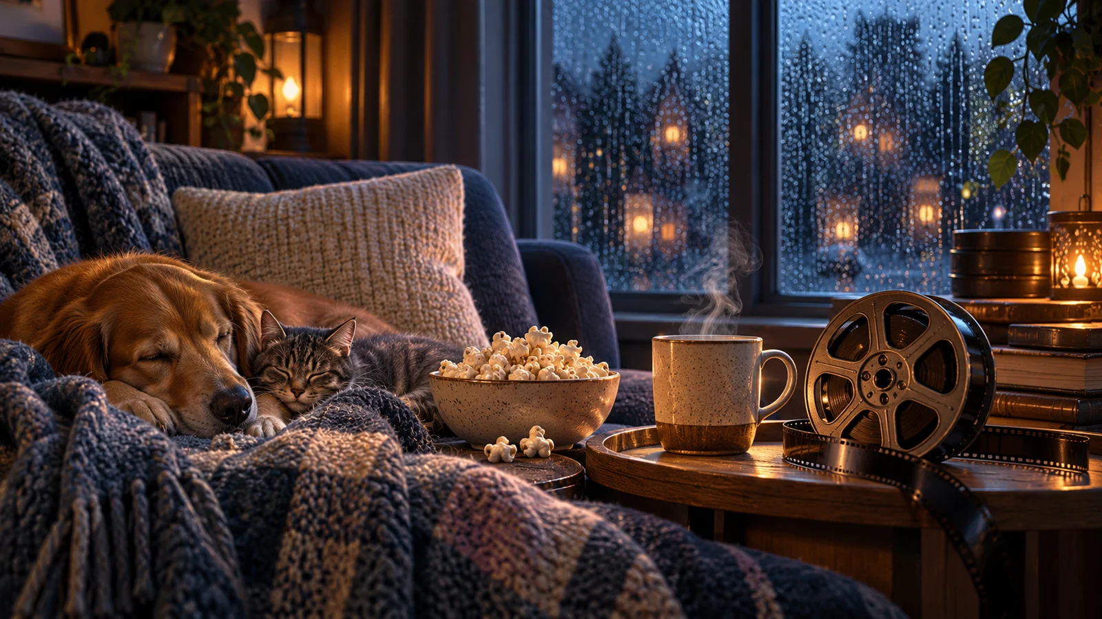 Un acogedor rincón de cine junto a una ventana cubierta por la lluvia, una taza caliente, una manta y un carrete de película que refleja la luz azul de las gotas de lluvia; azul pizarra, ámbar y avena.