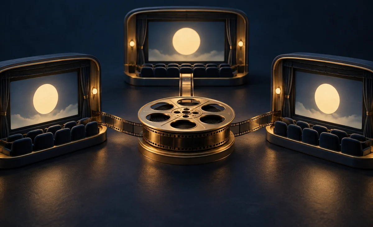 Tres pantallas de cine en miniatura que muestran el mismo círculo luminoso simple conectado a una bobina de película central, un ritmo escultórico preciso; azul tinta, crema y dorado.
