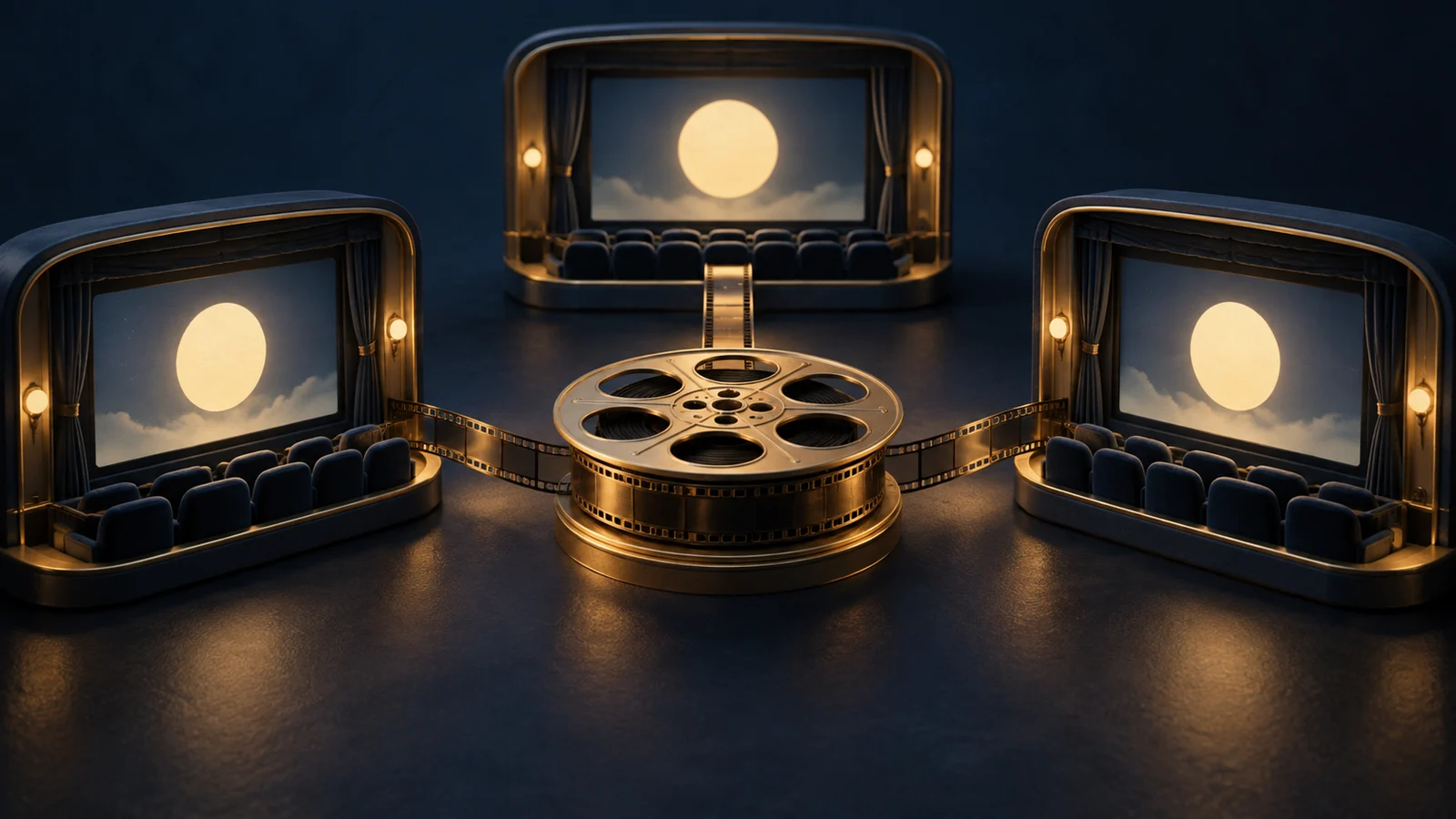 Tres pantallas de cine en miniatura que muestran el mismo círculo luminoso simple conectado a una bobina de película central, un ritmo escultórico preciso; azul tinta, crema y dorado.