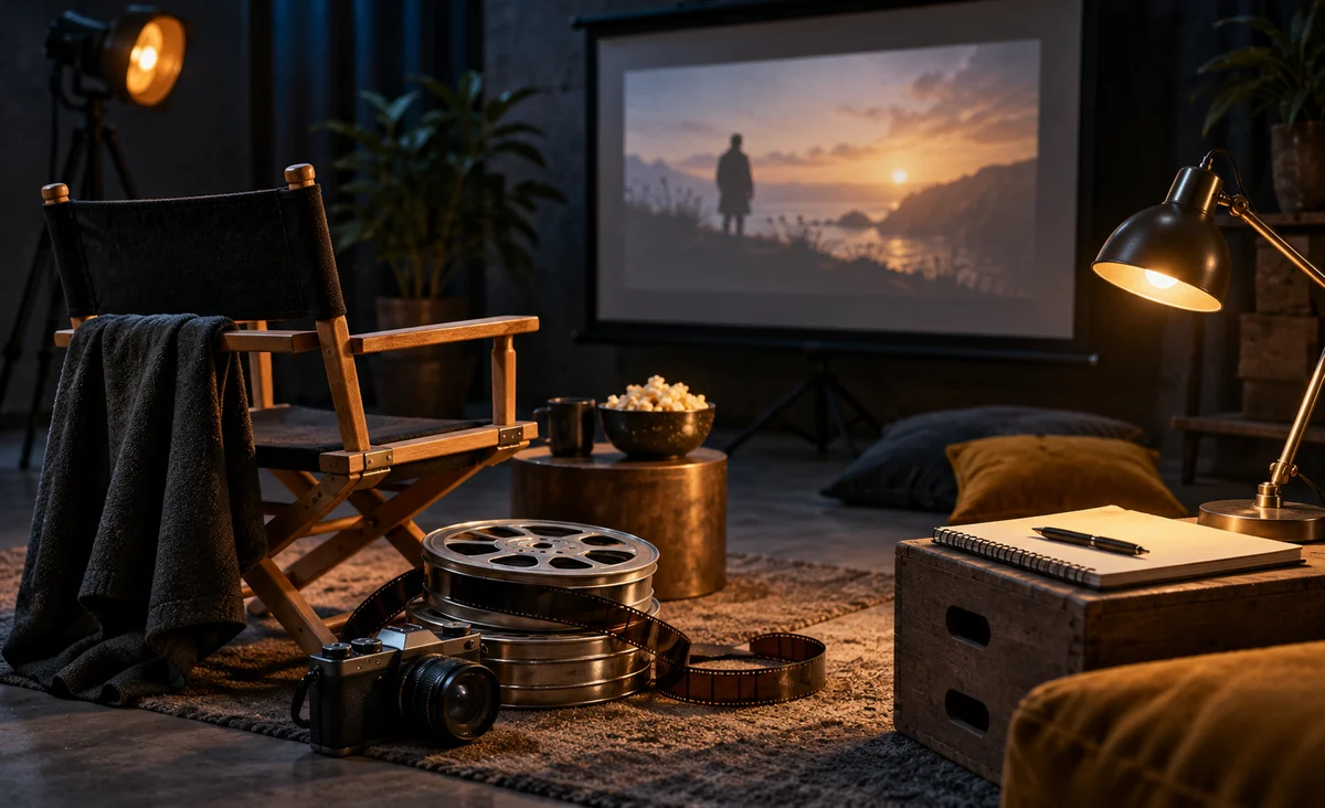 Una silla de director, una cámara compacta y un carrete de película junto a una pantalla de proyección en miniatura, notas de revisión en blanco y una cálida lámpara de trabajo; carbón, azul acero y ocre.