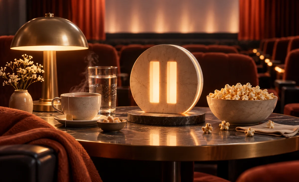 Una cálida mesa de cine con té, agua, palomitas de maíz y un símbolo de pausa escultórico bajo una lámpara brillante, asientos de teatro más allá; albaricoque, carbón y marfil.