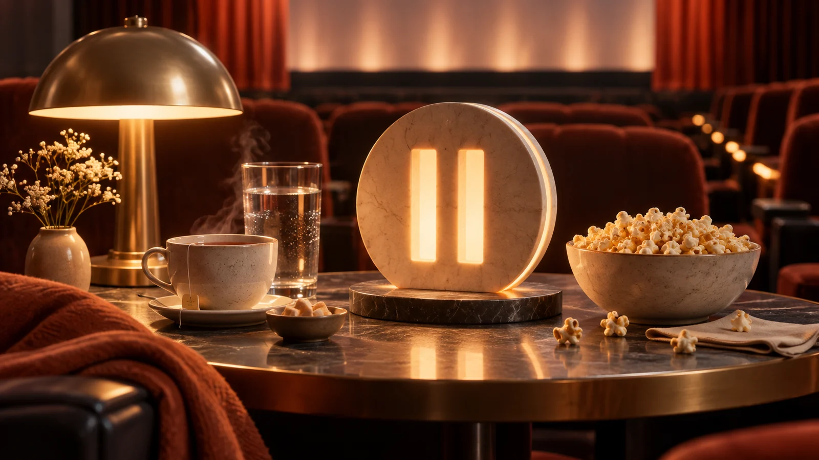 Una cálida mesa de cine con té, agua, palomitas de maíz y un símbolo de pausa escultórico bajo una lámpara brillante, asientos de teatro más allá; albaricoque, carbón y marfil.