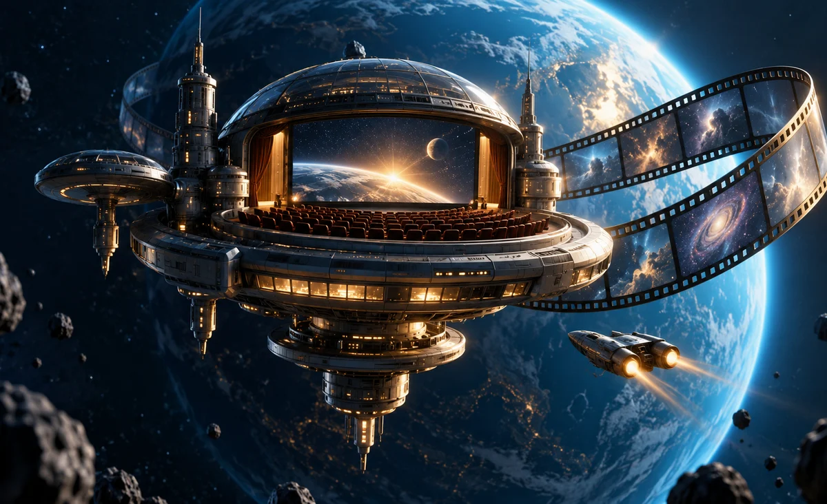 Una original estación de cine orbital en miniatura con un planeta luminoso, una bobina de película curva y una pequeña nave espacial sin marca; Azul marino intenso, plateado y cian eléctrico con luz ámbar.