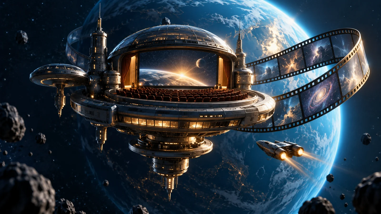 Una original estación de cine orbital en miniatura con un planeta luminoso, una bobina de película curva y una pequeña nave espacial sin marca; Azul marino intenso, plateado y cian eléctrico con luz ámbar.
