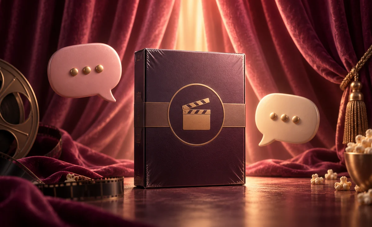 Una caja de película sin abrir con forma de episodio junto a dos suaves globos de diálogo y una brillante cortina de cine, misterio preservado; ciruela, rosa y oro pálido.