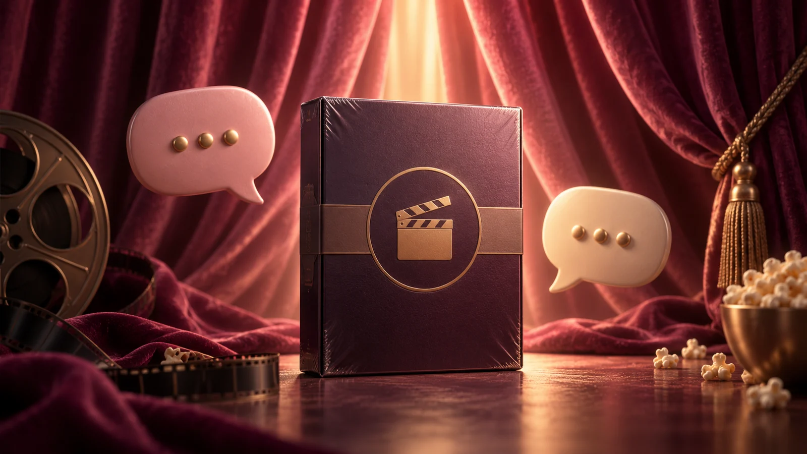 Una caja de película sin abrir con forma de episodio junto a dos suaves globos de diálogo y una brillante cortina de cine, misterio preservado; ciruela, rosa y oro pálido.