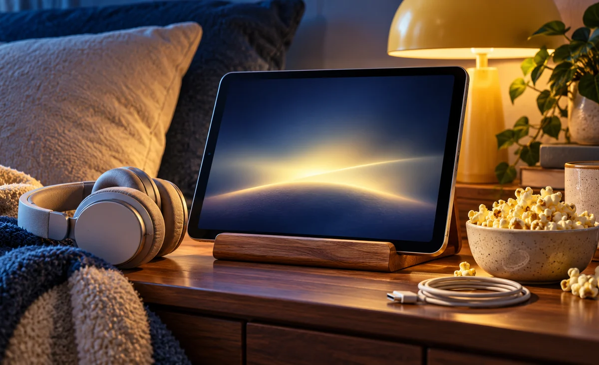 Una tableta escultural sobre una cómoda mesita de noche que muestra un brillo cinematográfico en blanco, auriculares y un cable cargado junto a palomitas de maíz; azul suave, crema y amarillo.