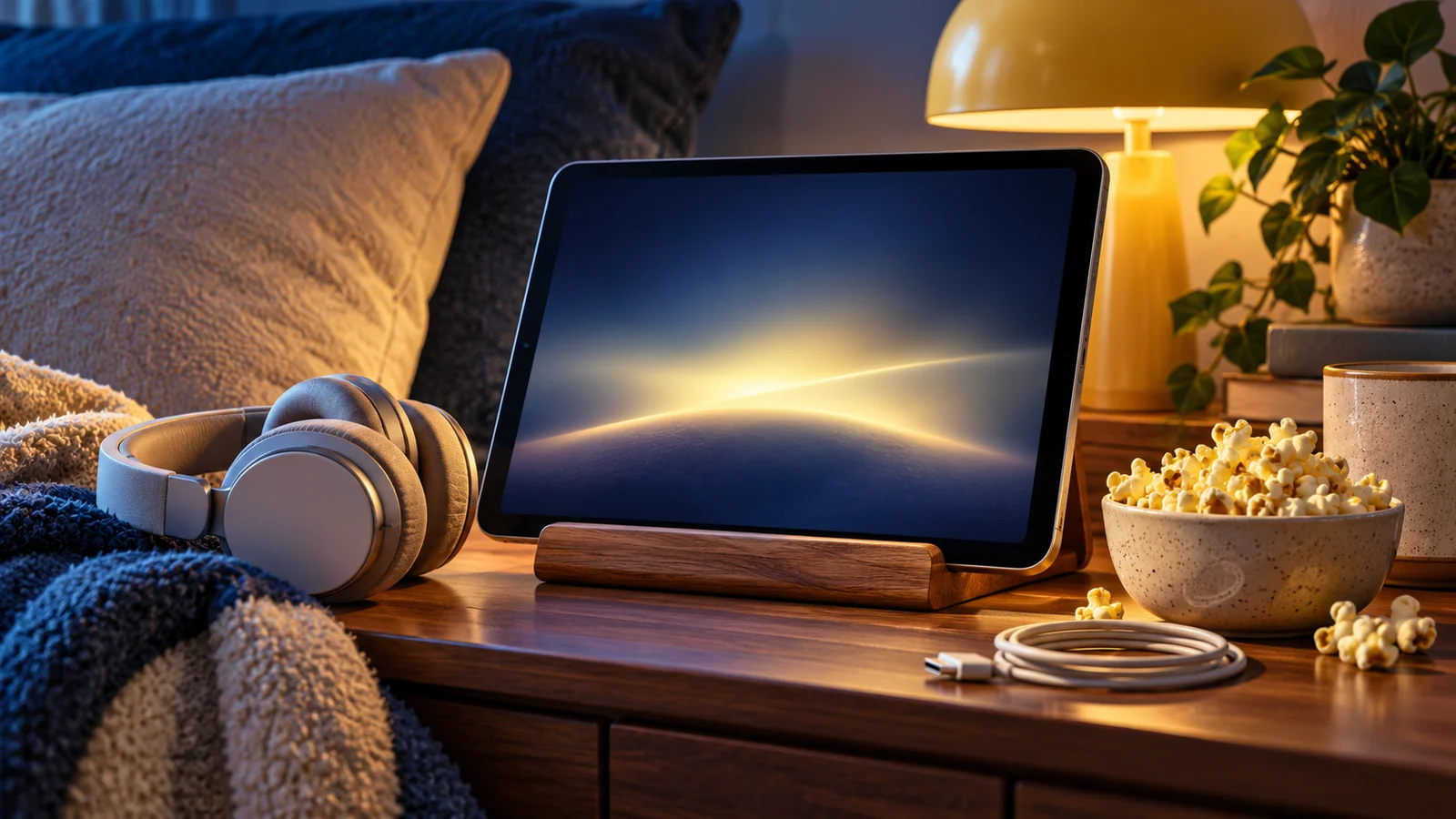 Una tableta escultural sobre una cómoda mesita de noche que muestra un brillo cinematográfico en blanco, auriculares y un cable cargado junto a palomitas de maíz; azul suave, crema y amarillo.